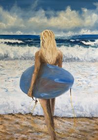 Painting of blond surfer girl enter the surf Betty by Banx 900x1300mm MC6821
