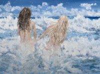 Painting called Joir de Vivre of two young women running into the surf by artist Banx