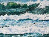 Painting called Maqverick by Banx of a surfer paddling out in big surf