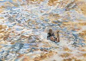 Painting of a surfer paddling out called Stoked by Banx 1300x900mm MC6824