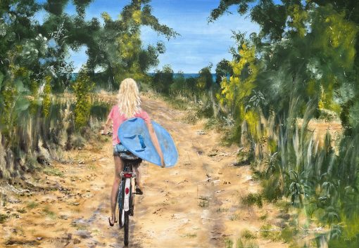 Painting called The Way Home by Banx 1300x900mm of a girl carrying her surf board on a bicycle.
