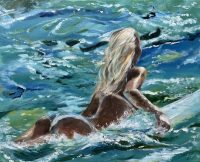 Painting of a girl paddling out on her surfboard called Solitude by Banx 500x400mm MC6826