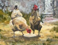 Painting of two chickens called Clucky by Banx 700x900mm MC6832