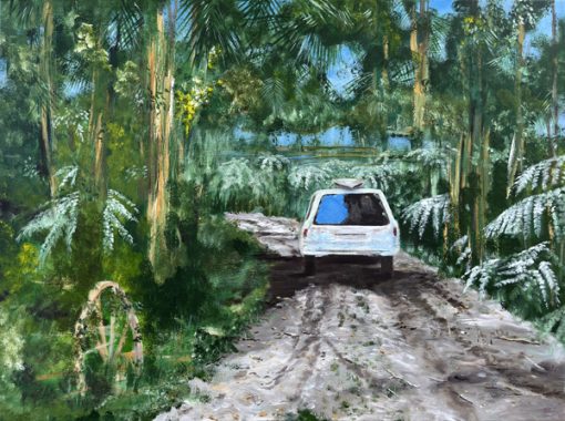 Painting of a old station wagon with surfboards in the roof on rough road in a palm grove called Fronds in High Places by Banx 1200x900mm MC6835