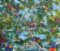 Painting of lorikeets in a forest called Pandora by Banx 1000 x 850mm MC6837